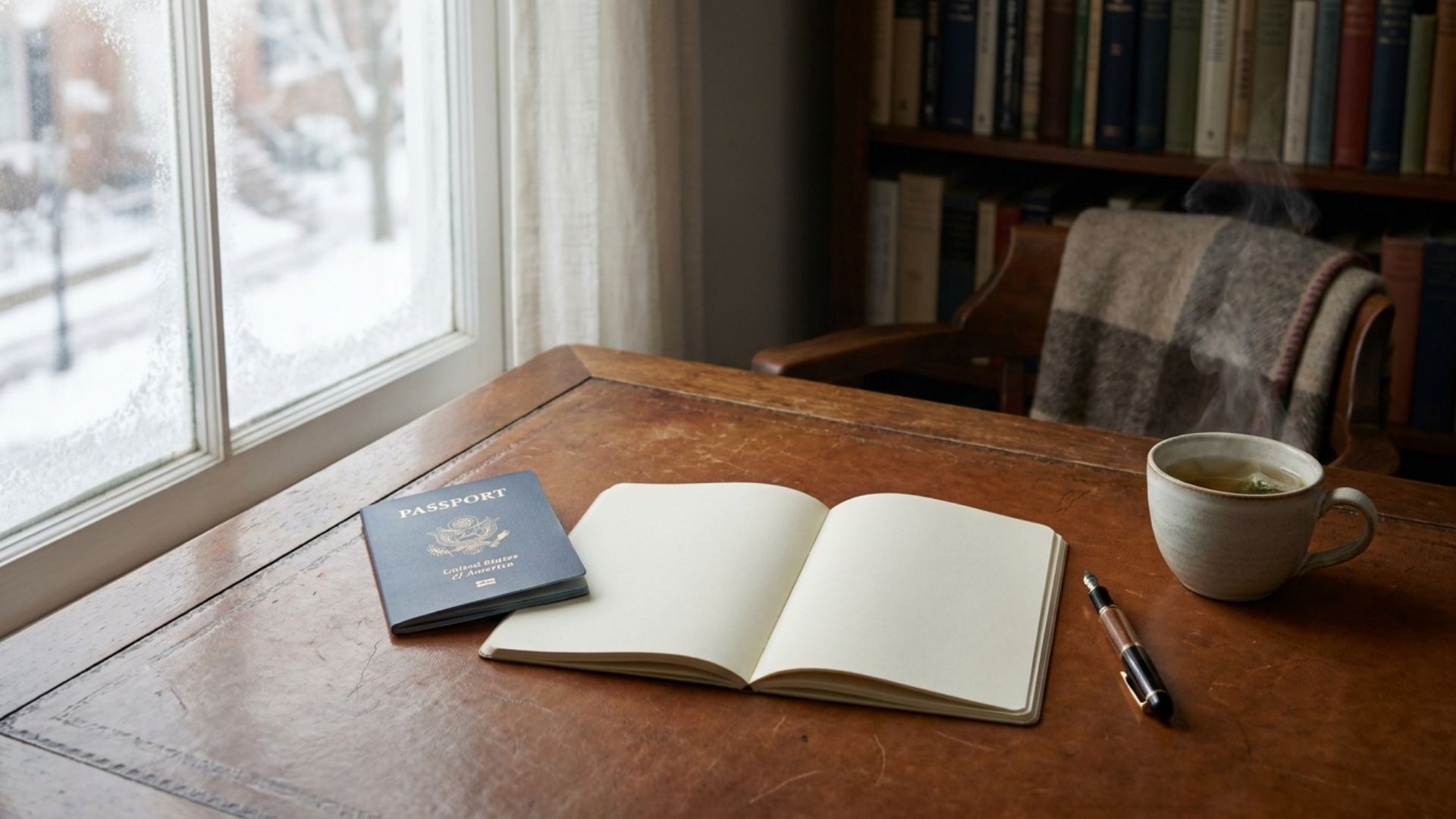 A U.S. passport on a desk beside a fresh notebook, a pen and a cup of tea in soft winter light