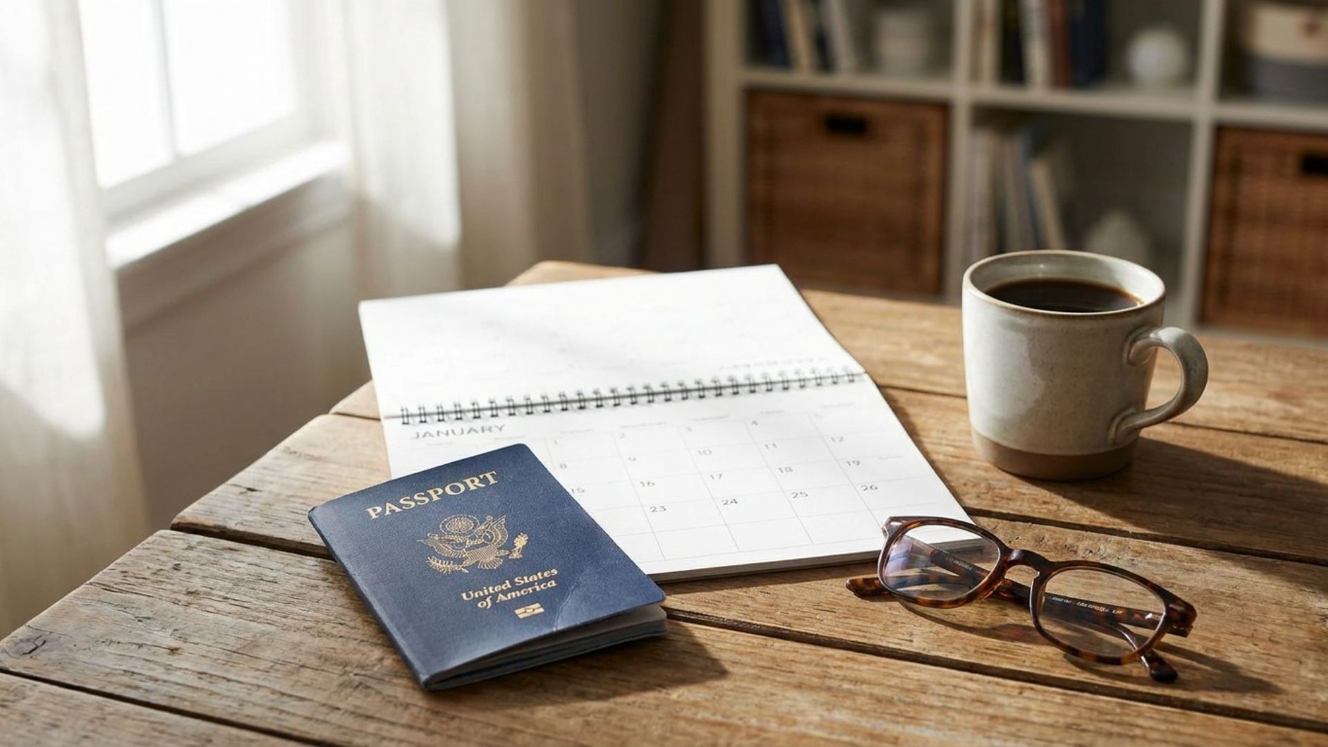A U.S. passport on a desk beside a calendar, coffee and reading glasses