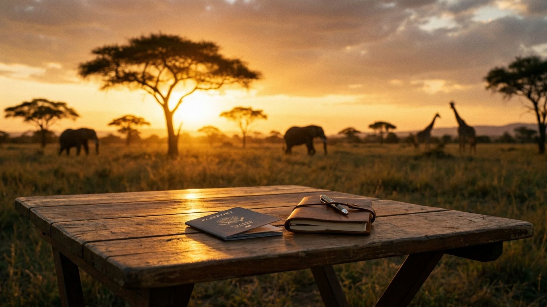 An African savanna at golden hour with acacia trees, a U.S. passport and notebook on a wooden surface