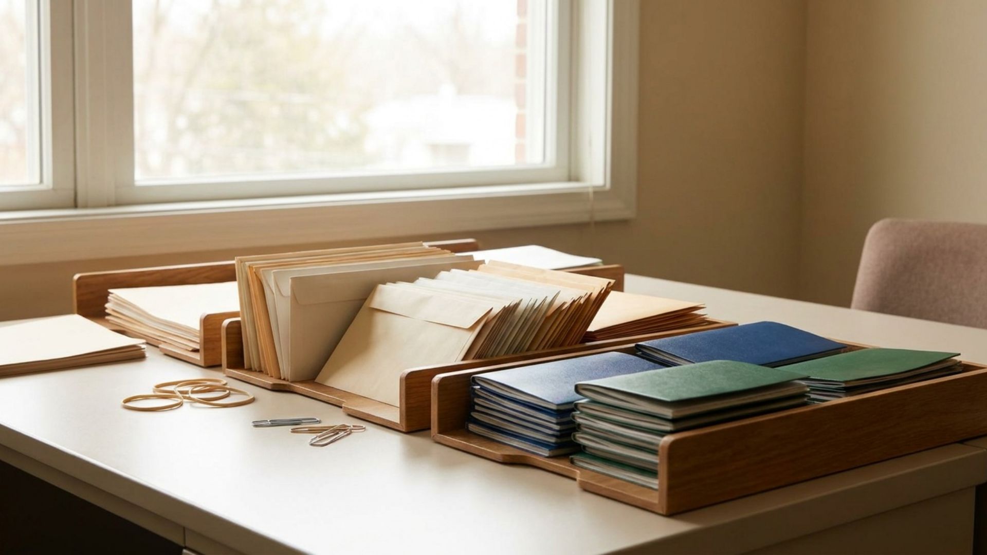 An organized document processing area with sorted envelopes and labeled folders in trays