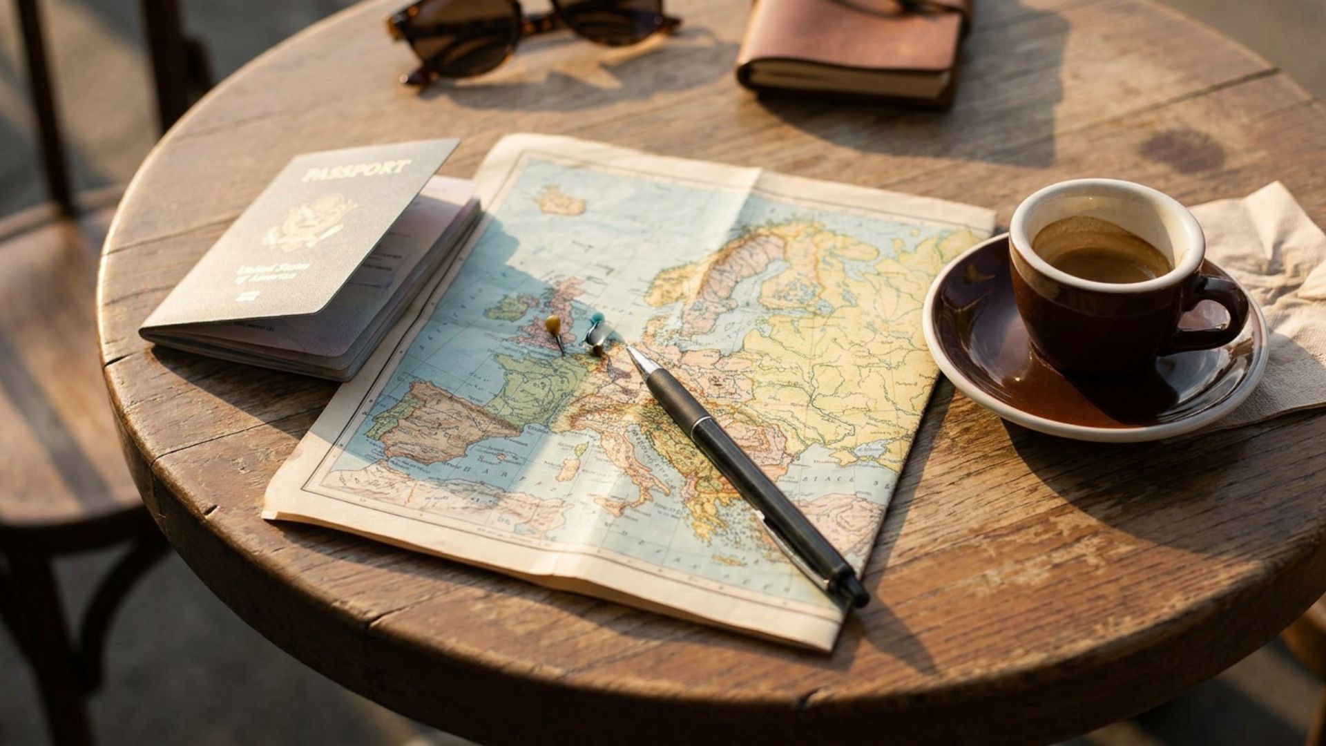 A U.S. passport open beside a small paper map and a pen on a sunlit cafe table, trip planning