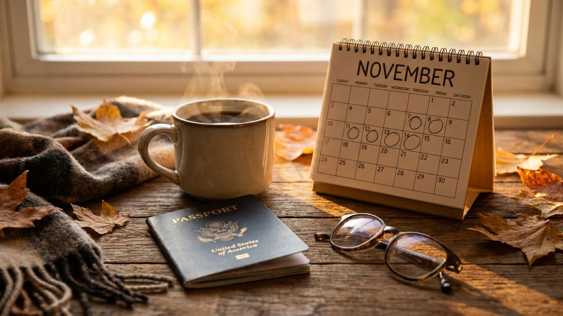 A U.S. passport on a desk beside a wall calendar and a warm mug in cozy autumn light
