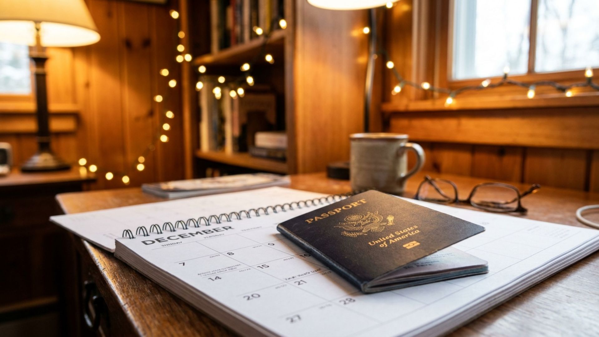 A U.S. passport resting on a December desk calendar with soft holiday lights in the background