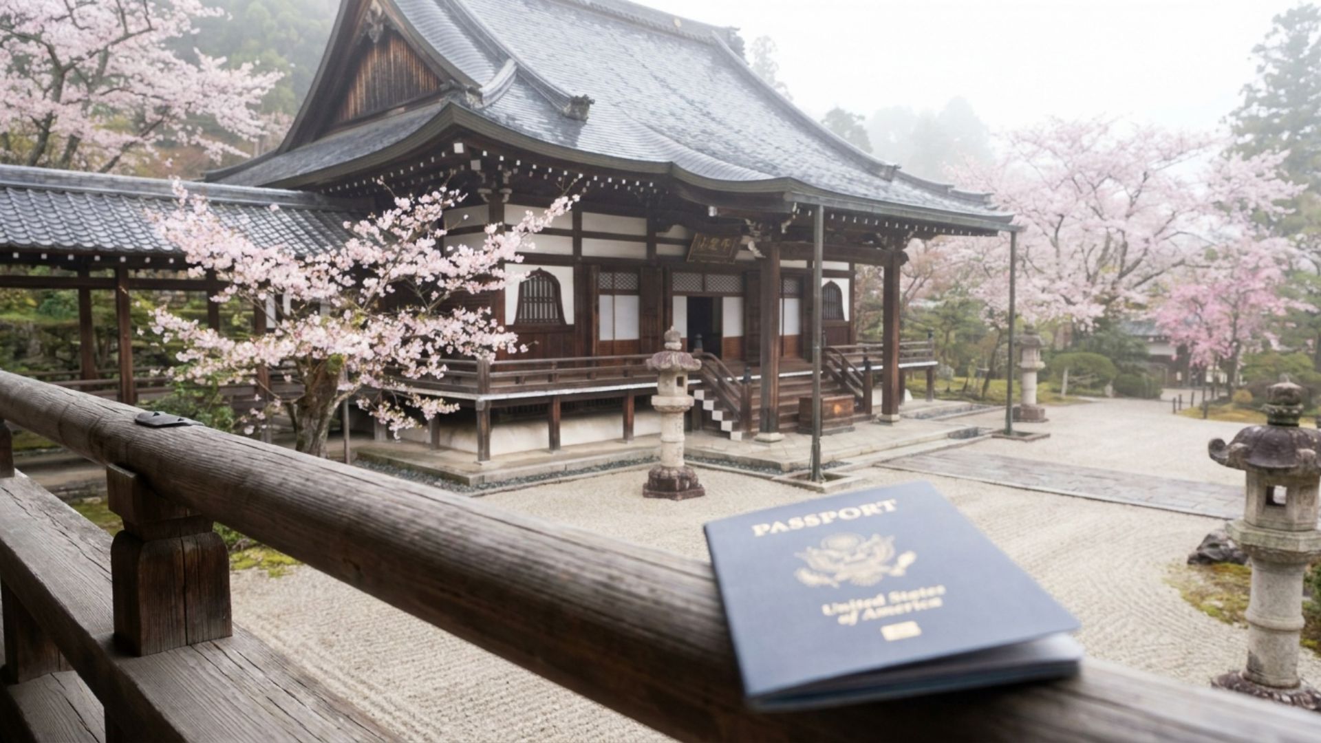 A calm traditional Japanese temple and garden with early cherry blossoms, a U.S. passport in the foreground