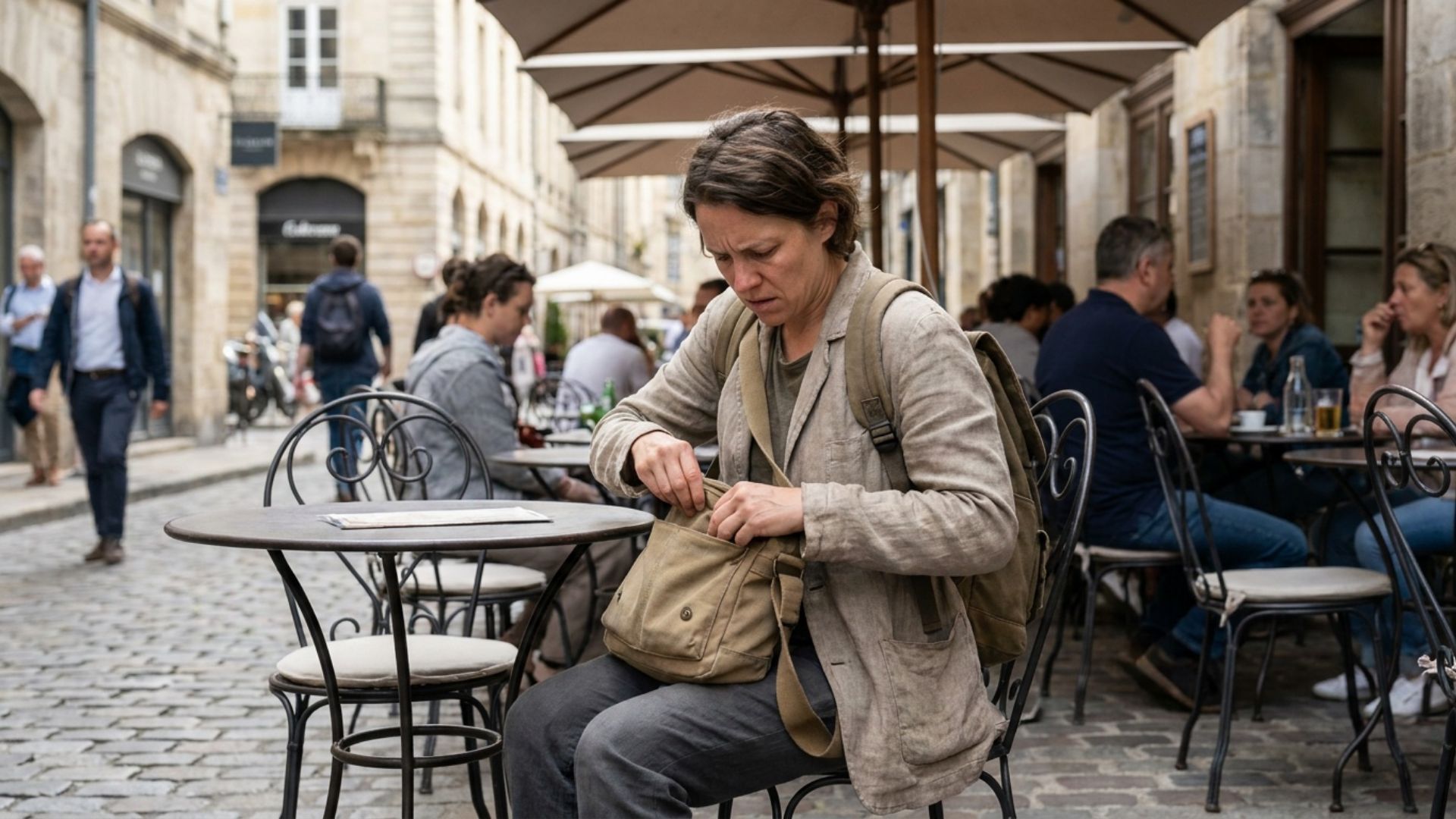 A traveler checking a shoulder bag with a concerned expression at an outdoor cafe in a European city