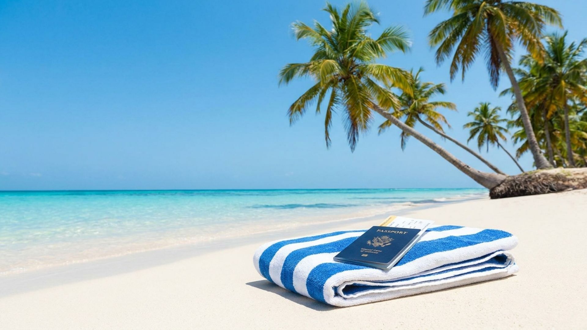 A calm turquoise shoreline with white sand and palm trees, a U.S. passport and boarding pass in the foreground