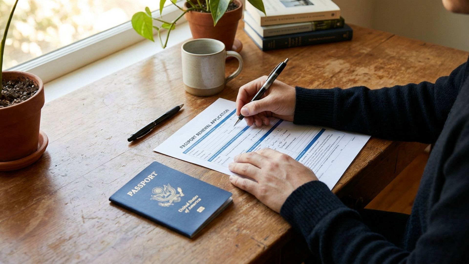 A person filling out a passport application form at a desk beside a U.S. passport