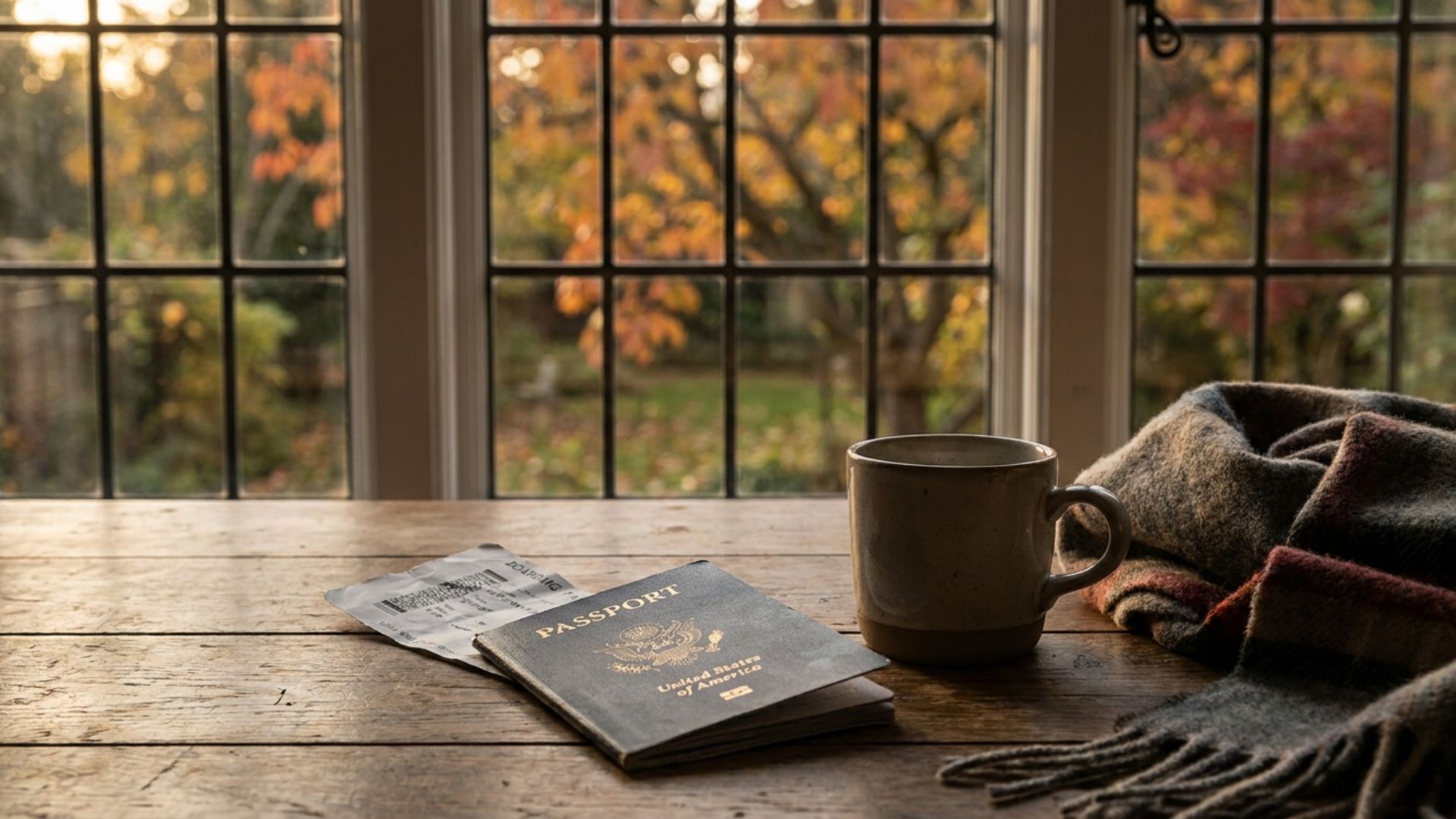 A U.S. passport open on a wooden table near a window with warm autumn light