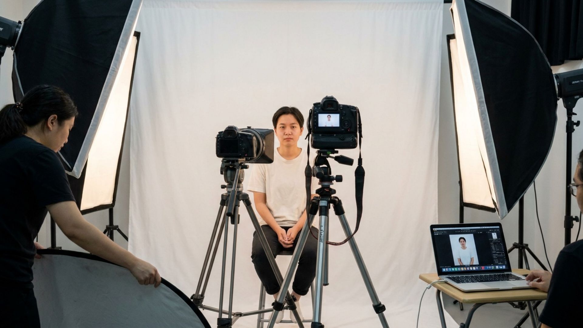 A passport photo session with a person seated against a plain white backdrop and a camera on a tripod