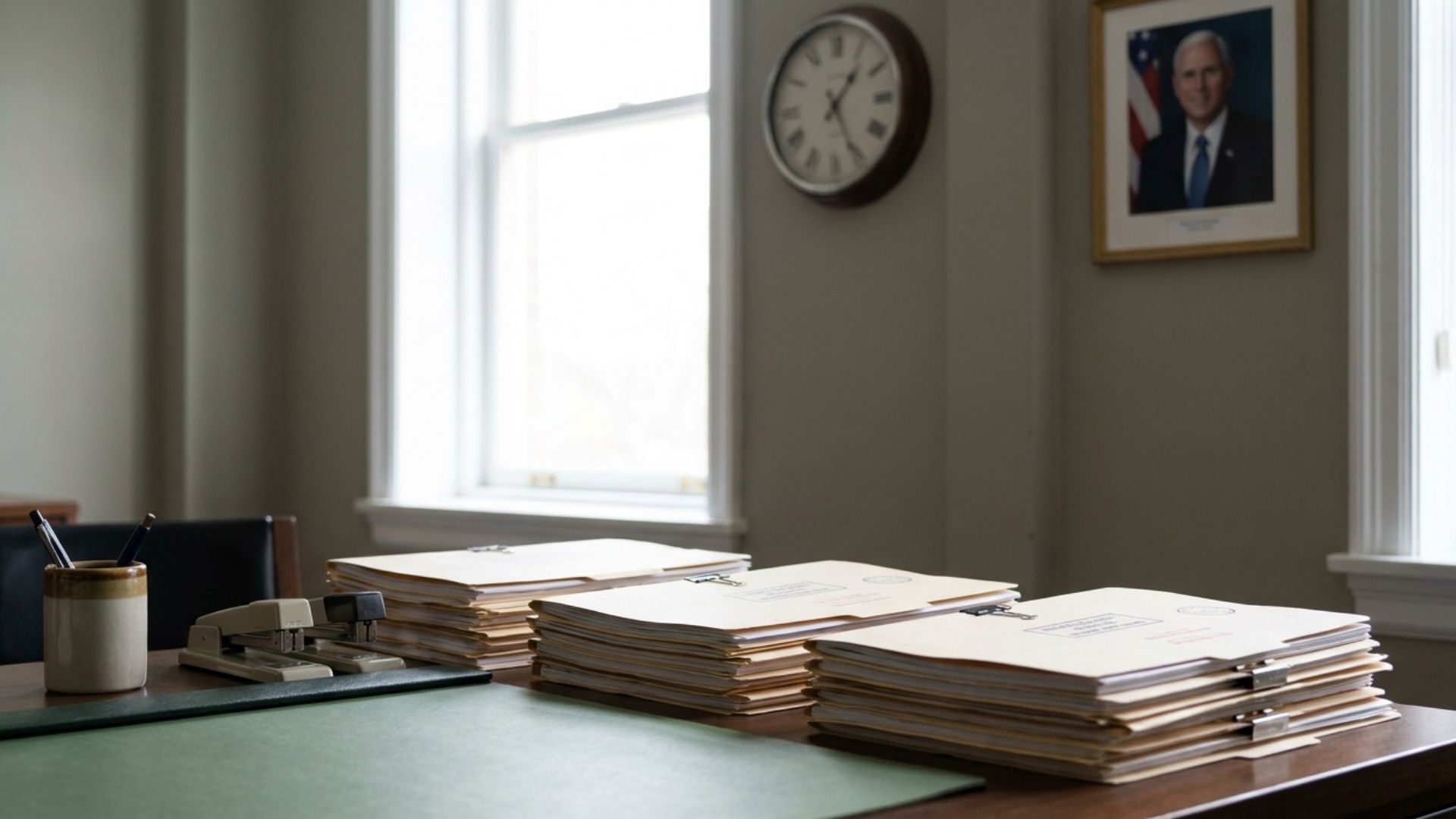 Stacks of passport application folders on an organized office desk with a wall clock behind
