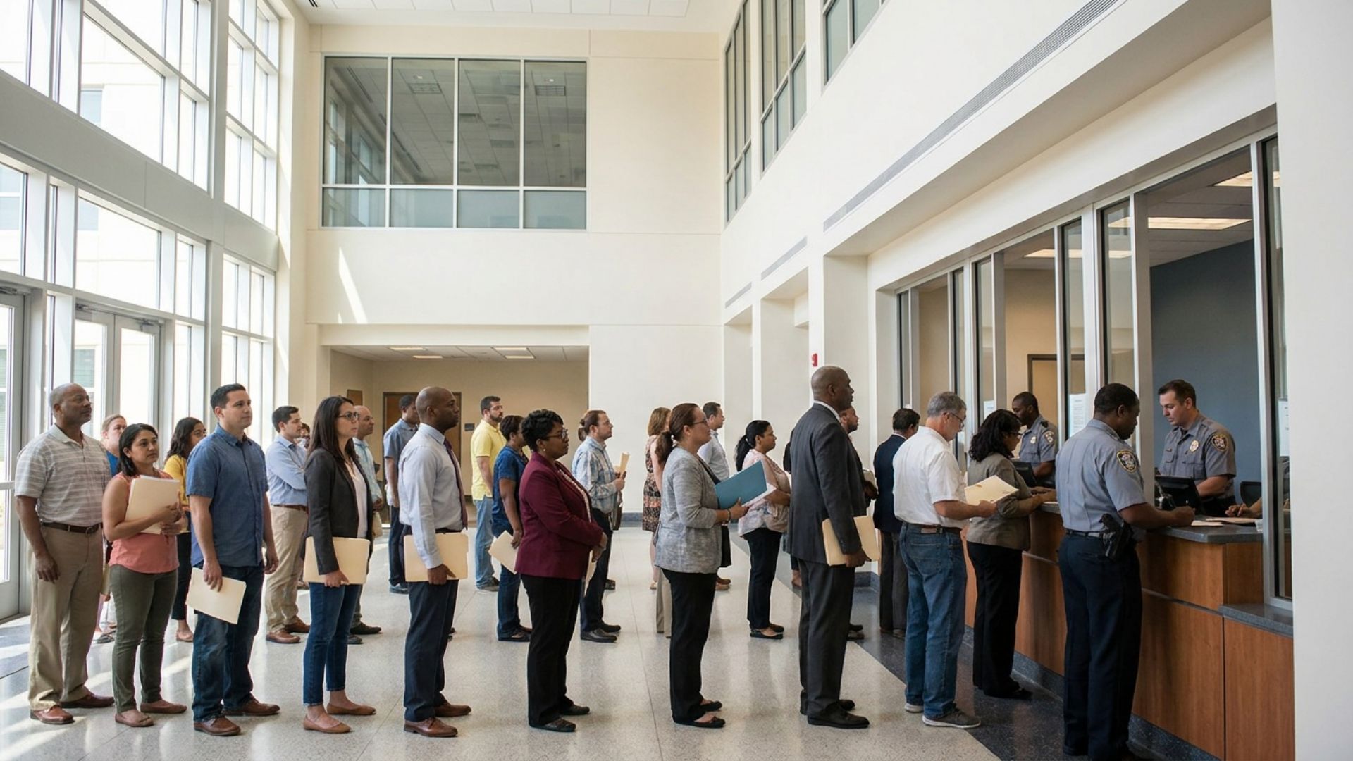 Travelers waiting in line at a passport acceptance counter inside a government building