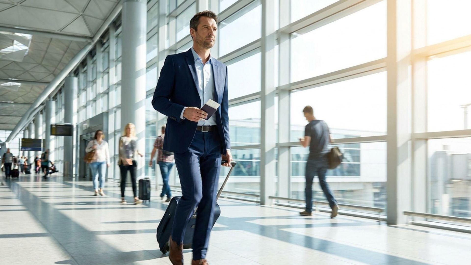 A traveler walking through a bright airport terminal with a suitcase and passport in hand