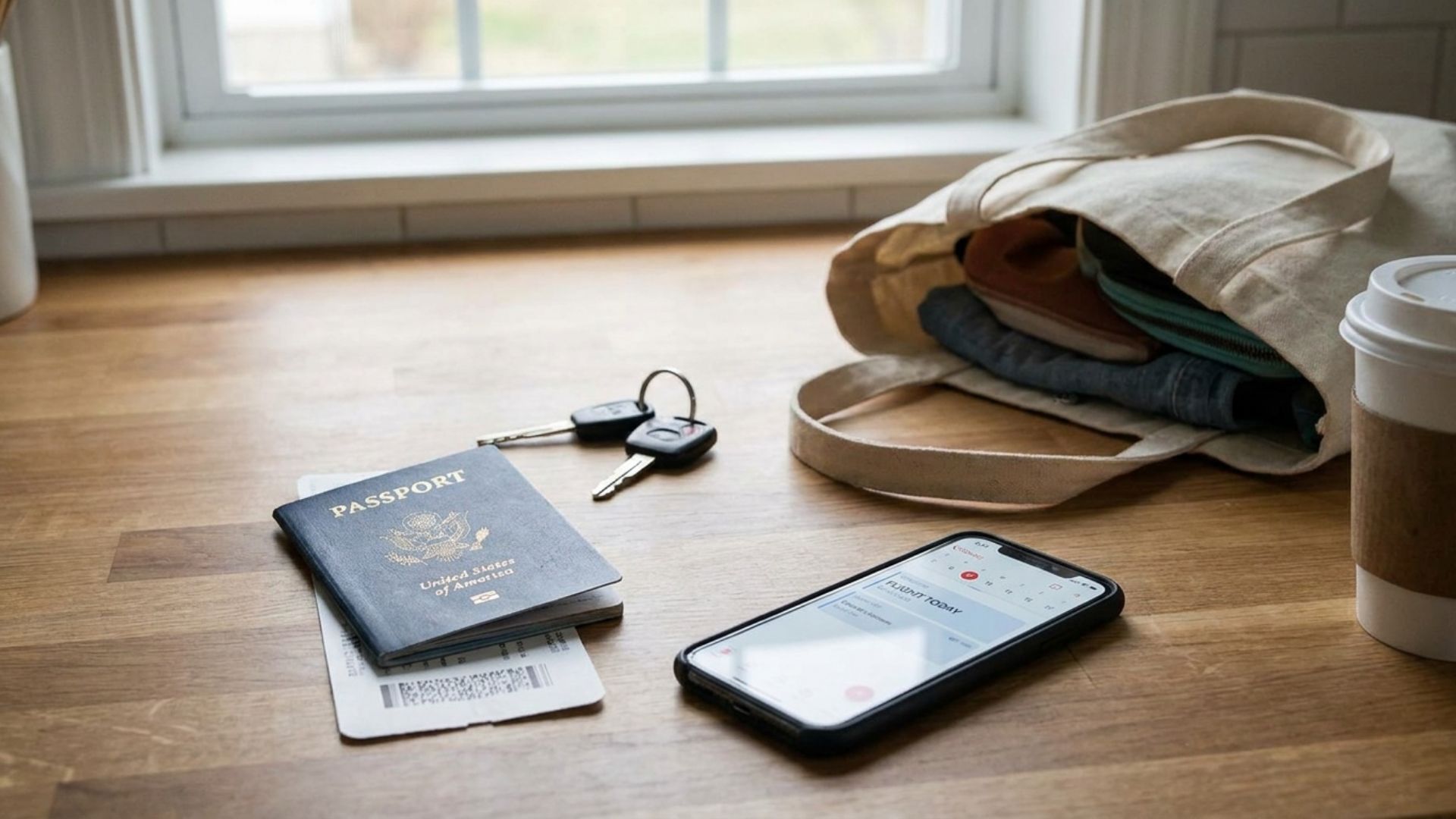 A U.S. passport and printed boarding pass on a kitchen counter beside car keys and a phone