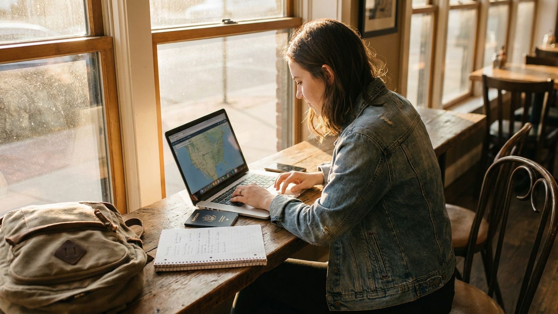 A college student at a table with a laptop, a U.S. passport, a notebook and a packed backpack