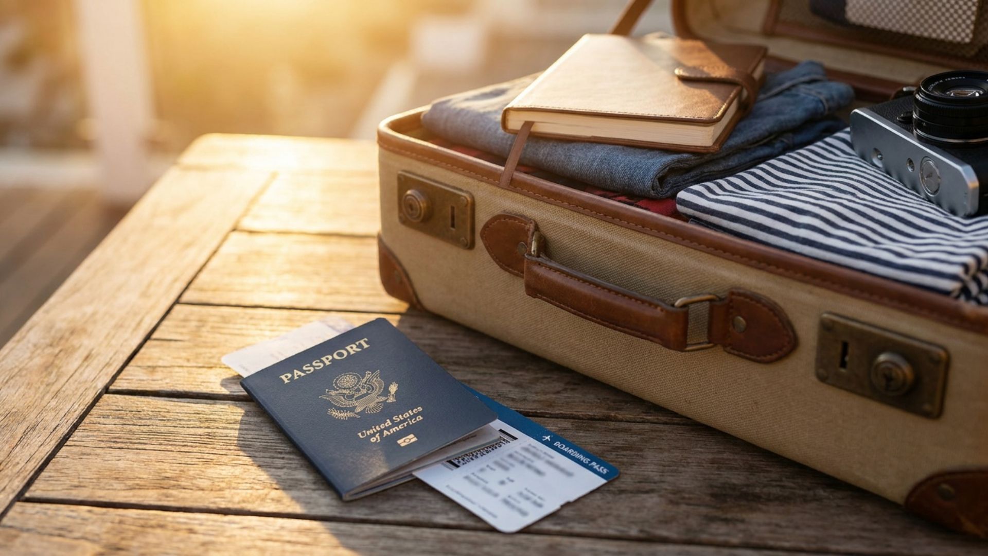 A U.S. passport and a boarding pass resting on a table beside a partly packed suitcase