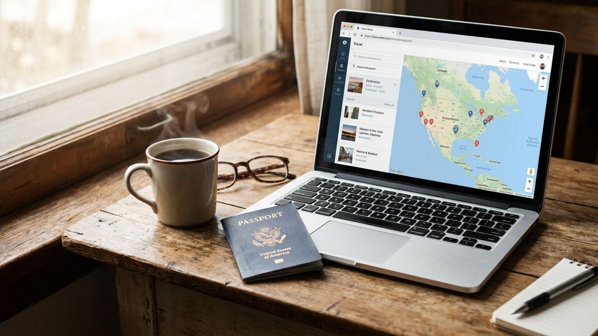 A U.S. passport and an open laptop on a desk with a warm cup of tea, applying for a visa online