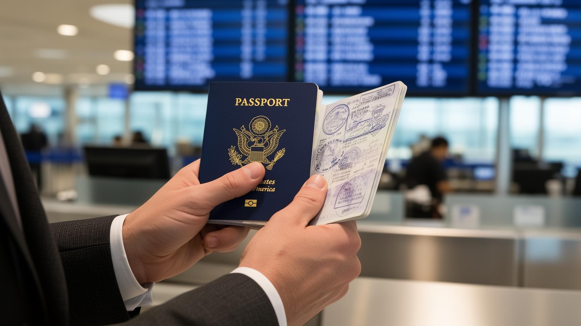 Hands holding a U.S. passport with the gold embossed seal